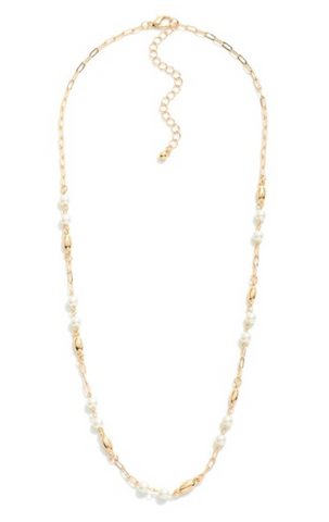 Gold Necklace with Pearl and Metal Tone Stations