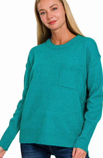 Melange Hi-Low Hem Pocket Round Neck Sweater