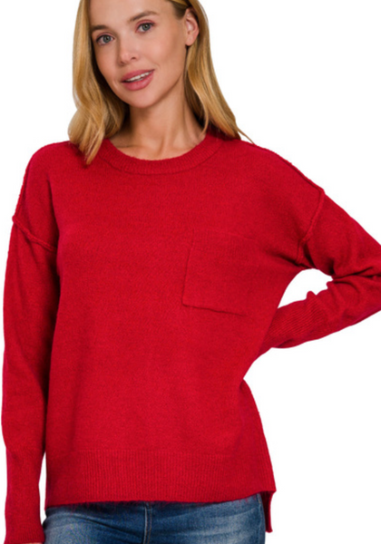 Melange Hi-Low Hem Pocket Round Neck Sweater