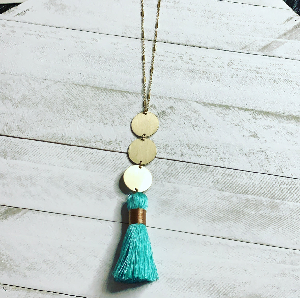 Aqua Disc Tassel Necklace