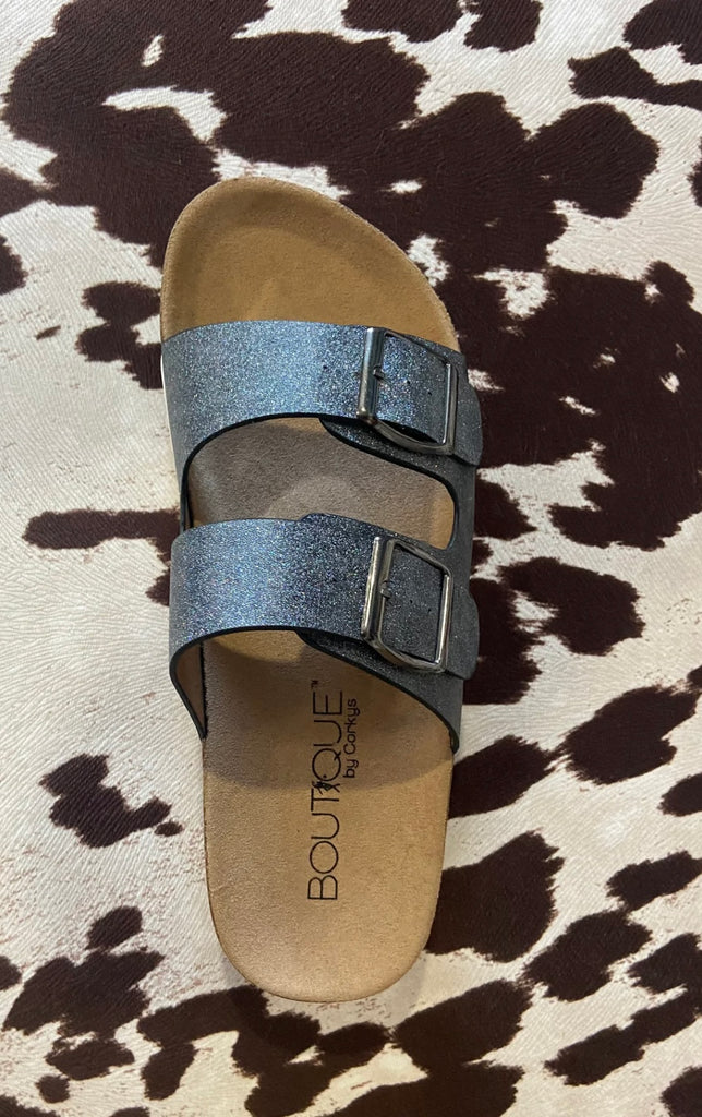 Metallic Two Strap Slide Sandals